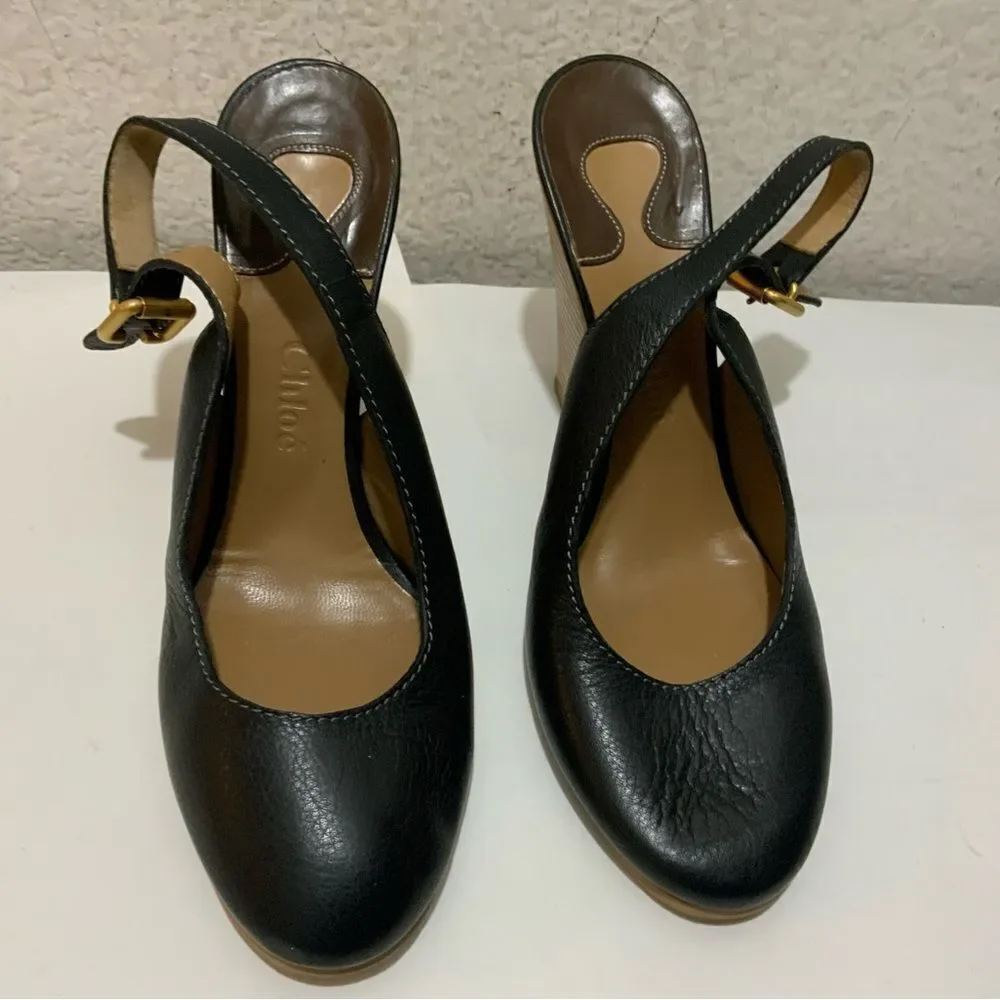 Chloé Leather Slingback Leather Wedge Ankle Pumps In Black 39.5 Italy